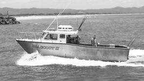 The Sea Scout II, the Rocks Charters’ diesel-powered 11m alloy fishing vessel, heads home through the Macleay River bar.